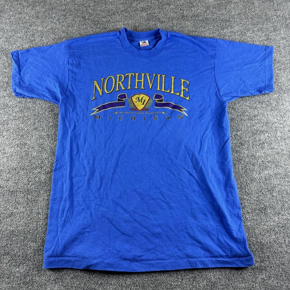 Vintage Northville Michigan Shirt Mens XL Blue Short Sleeve Graphic Tee USA 90s